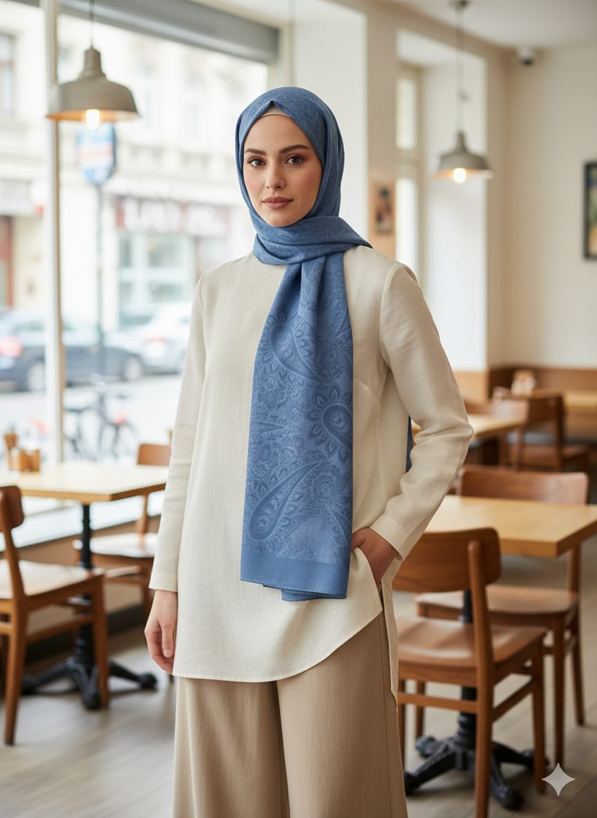 Pastel Mavi Jakarlı Desen Şal – Sadelikten Doğan Zarafet